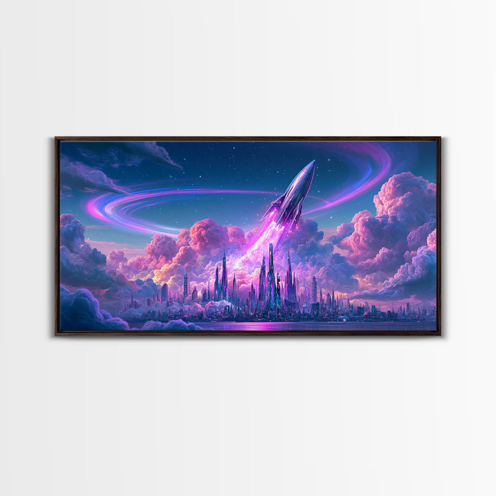 Retro Rocket Launching Through Cloud Rings Framed Canvas Print, Scifi Art, Pop Art, Living Room Decor, Fine Art, Orbit, SCI-2x1-99