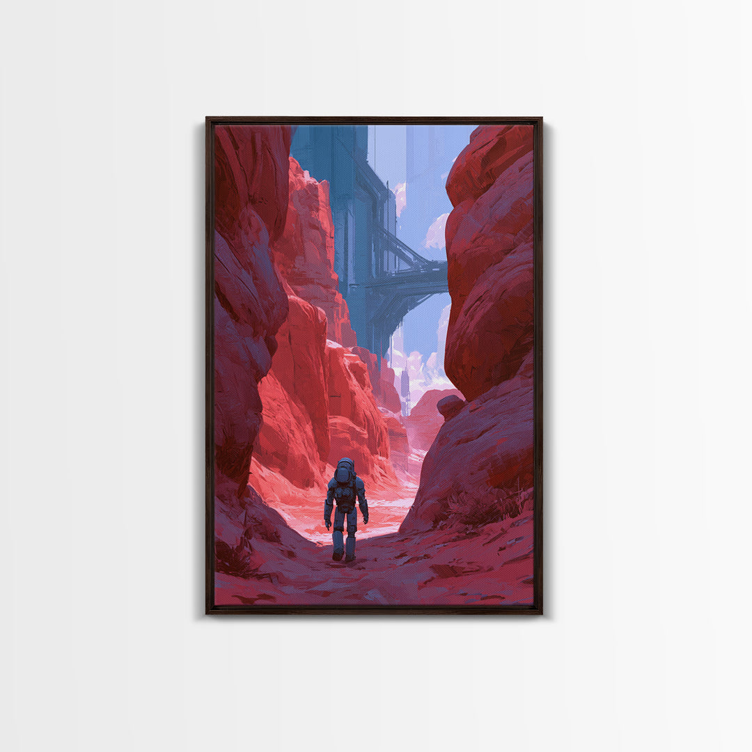 Robot Companion Crossing a Red Canyon Framed Canvas Print, Scifi Art, Decor, Living Room Decor, Orbit, Mid Century Art, SCI-2x3-12