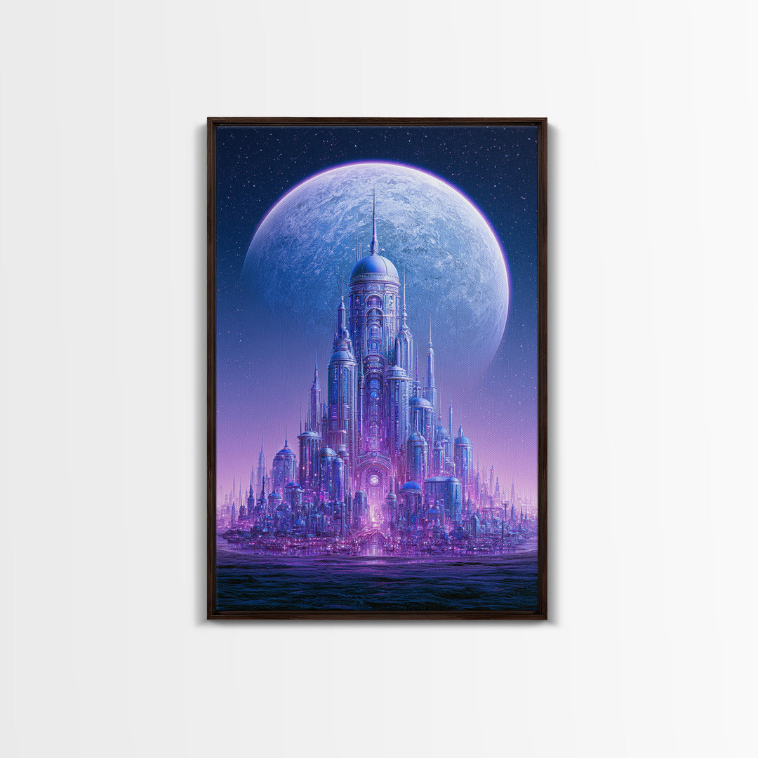Moon Colony Beneath Earth Rise Framed Canvas Print, Scifi Art, Textured Painting, Living Room Decor, Abstract Art, Orbit, SCI-2x3-2