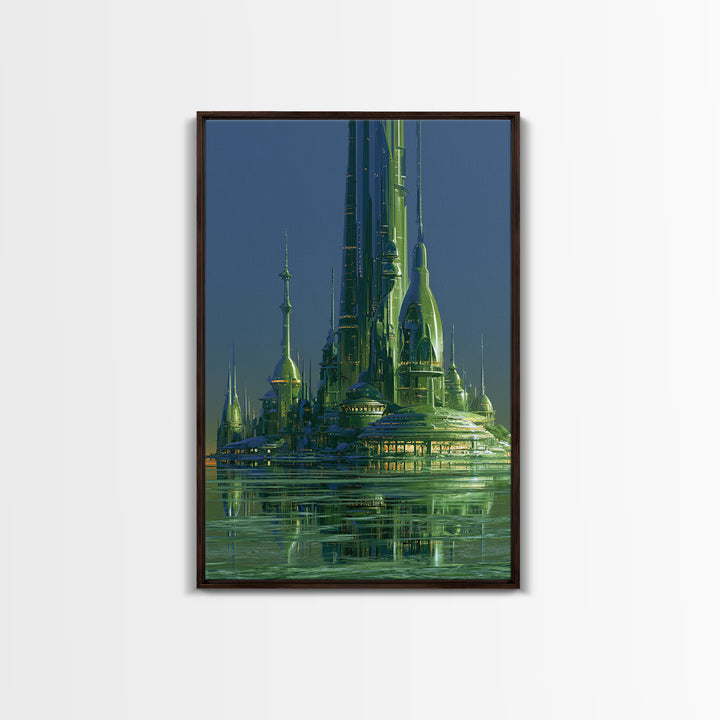 Terraforming Towers on a Silent Planet Framed Canvas Print, Scifi Art, Retro Wall Art, Living Room Decor, Oil Painting, Orbit, SCI-2x3-20