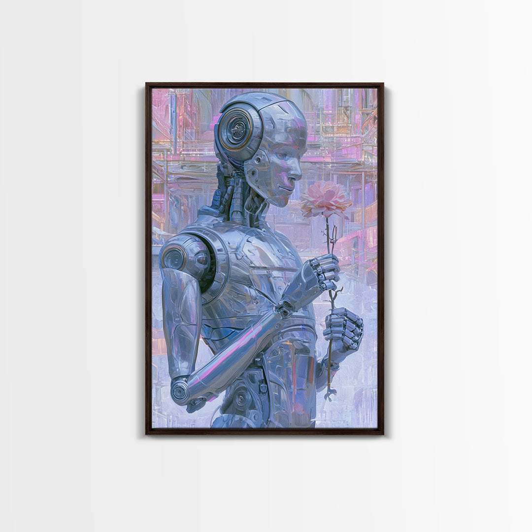 Silver Android Holding a Flower Framed Canvas Print, Scifi Art, Poster, Living Room Decor, Fine Art, Orbit, Retro Wall Art, SCI-2x3-46