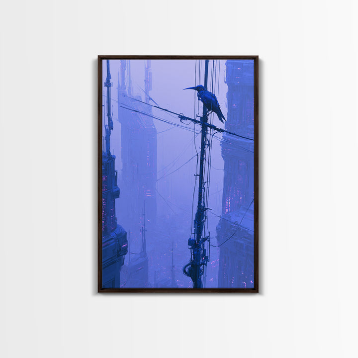 Robot Bird Perched on Antenna Framed Canvas Print, Scifi Art, Digital Art, Living Room Decor, Fine Art, Orbit, Steampunk Decor, SCI-2x3-55