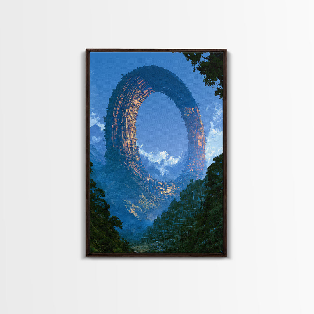 Giant Ring World Seen from a Valley Framed Canvas Print, Scifi Art, Wall Decor, Living Room Decor, Orbit, Living Room Art, SCI-2x3-64