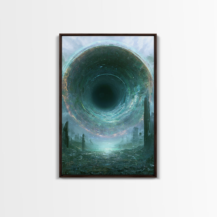 Wormhole Opening over Barren Landscape Framed Canvas Print, Scifi Art, Mid Century Art, Living Room Decor, Fine Art, Orbit, SCI-2x3-73
