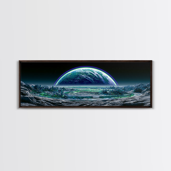 Moon Colony Beneath Earth Rise Framed Canvas Print, Scifi Art, Posters, Living Room Decor, Orbit, Pop Art, Mid Century Art, SCI-3x1-10