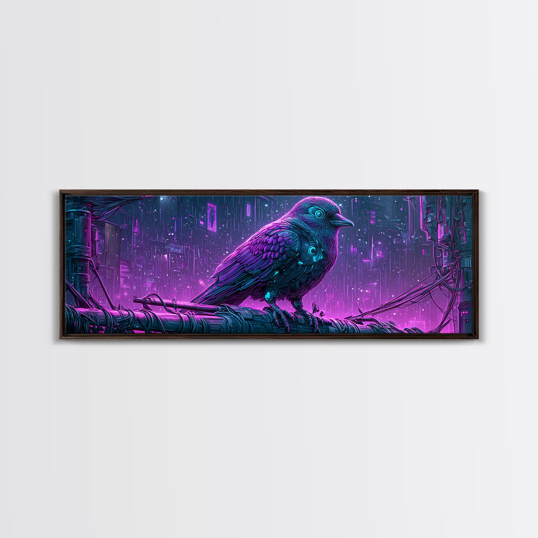 Robot Bird Perched on Antenna Framed Canvas Print, Scifi Art, Gallery Decor, Living Room Decor, Fine Art, Orbit, Wall Art, SCI-3x1-15