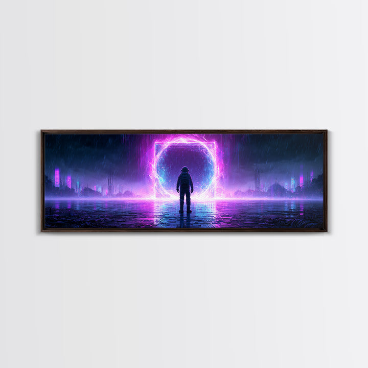 Astronaut Standing Before a Glowing Monolith Framed Canvas Print, Scifi Art, Canvas Print, Living Room Decor, Fine Art, Orbit, SCI-3x1-18