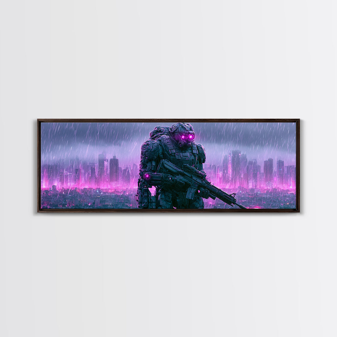 Mech Silhouette in Rainy Neon City Canvas Print, Scifi Art, Textured Painting, Living Room Decor, Abstract Art, Orbit, SCI-3x1-31