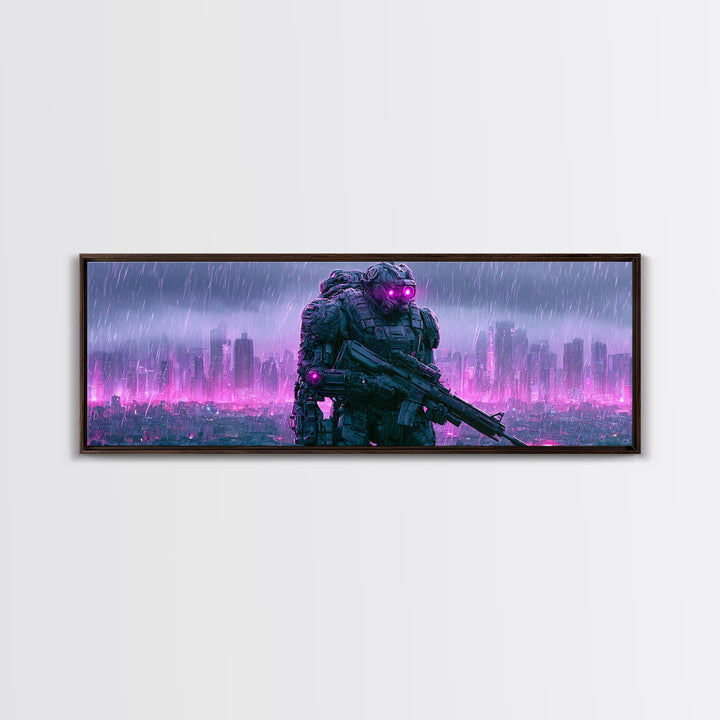 Mech Silhouette in Rainy Neon City Canvas Print, Scifi Art, Textured Painting, Living Room Decor, Abstract Art, Orbit, SCI-3x1-31
