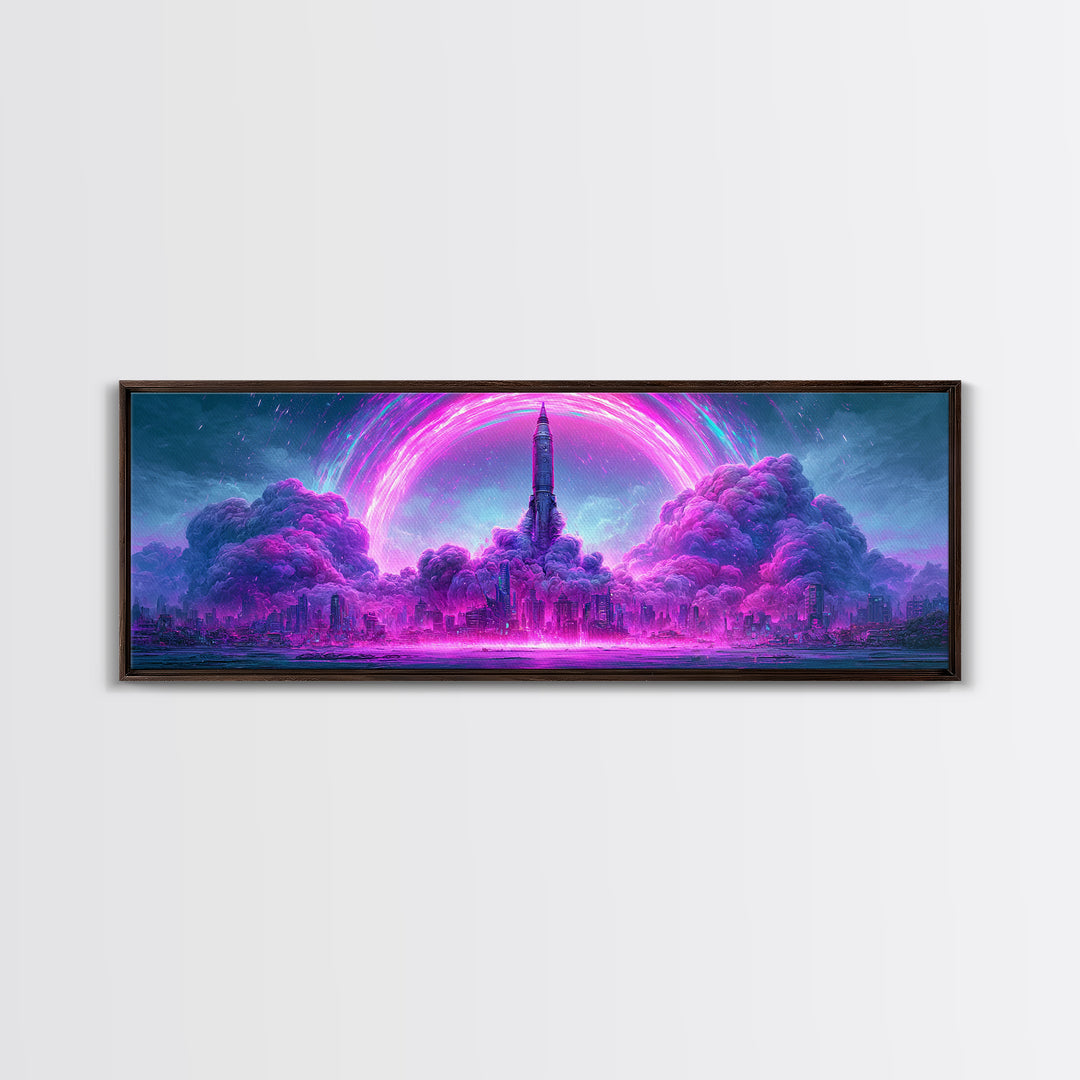 Retro Rocket Launching Through Cloud Rings Framed Canvas Print, Scifi Art, Decor, Living Room Decor, Oil Painting, Orbit, SCI-3x1-47