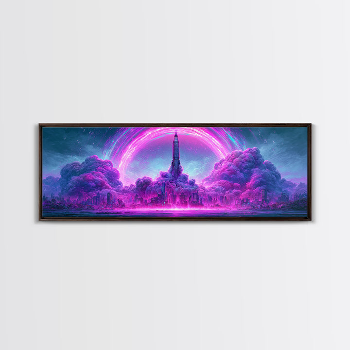 Retro Rocket Launching Through Cloud Rings Framed Canvas Print, Scifi Art, Decor, Living Room Decor, Oil Painting, Orbit, SCI-3x1-47