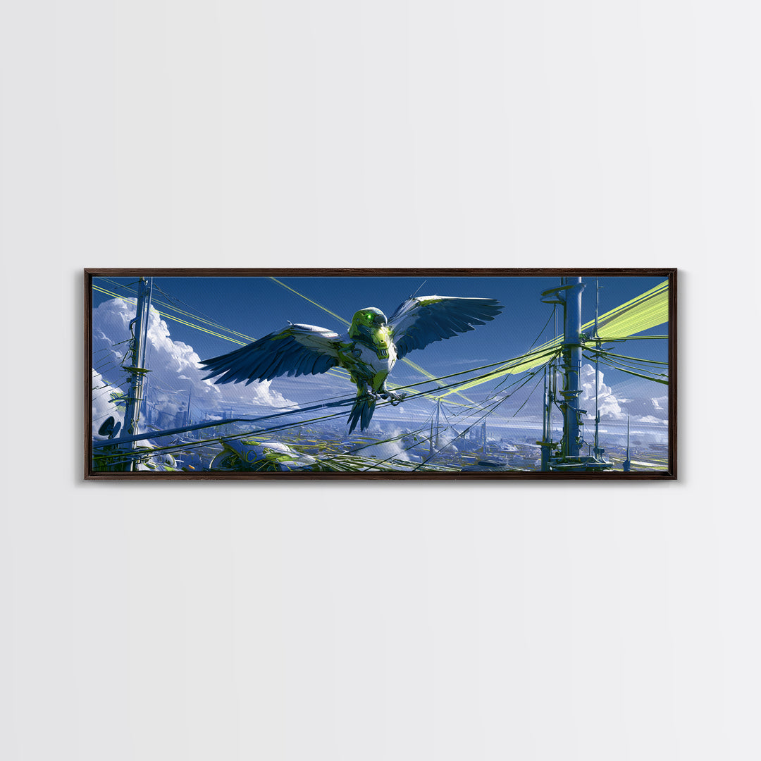 Robot Bird Perched on Antenna Framed Canvas Print, Scifi Art, Minimalist Decor, Living Room Decor, Fine Art, Orbit, Ai Art, SCI-3x1-63