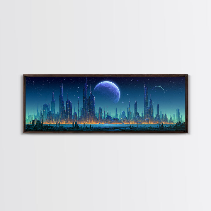 Futuristic City on a Moonlit World Framed Canvas Print, Scifi Art, Ai Art, Living Room Decor, Abstract Art, Orbit, SCI-3x1-67