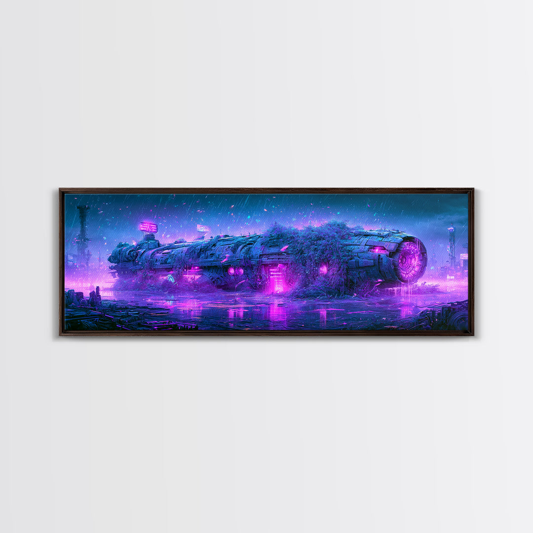 Abandoned Spacecraft Overgrown Framed Canvas Print, Scifi Art, Collage Art, Living Room Decor, Oil Painting, Orbit, SCI-3x1-74