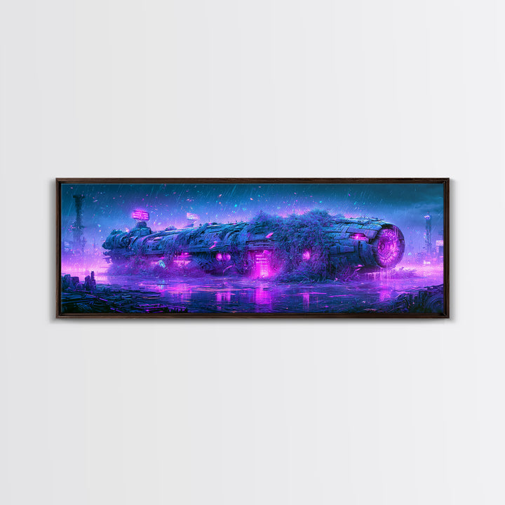 Abandoned Spacecraft Overgrown Framed Canvas Print, Scifi Art, Collage Art, Living Room Decor, Oil Painting, Orbit, SCI-3x1-74
