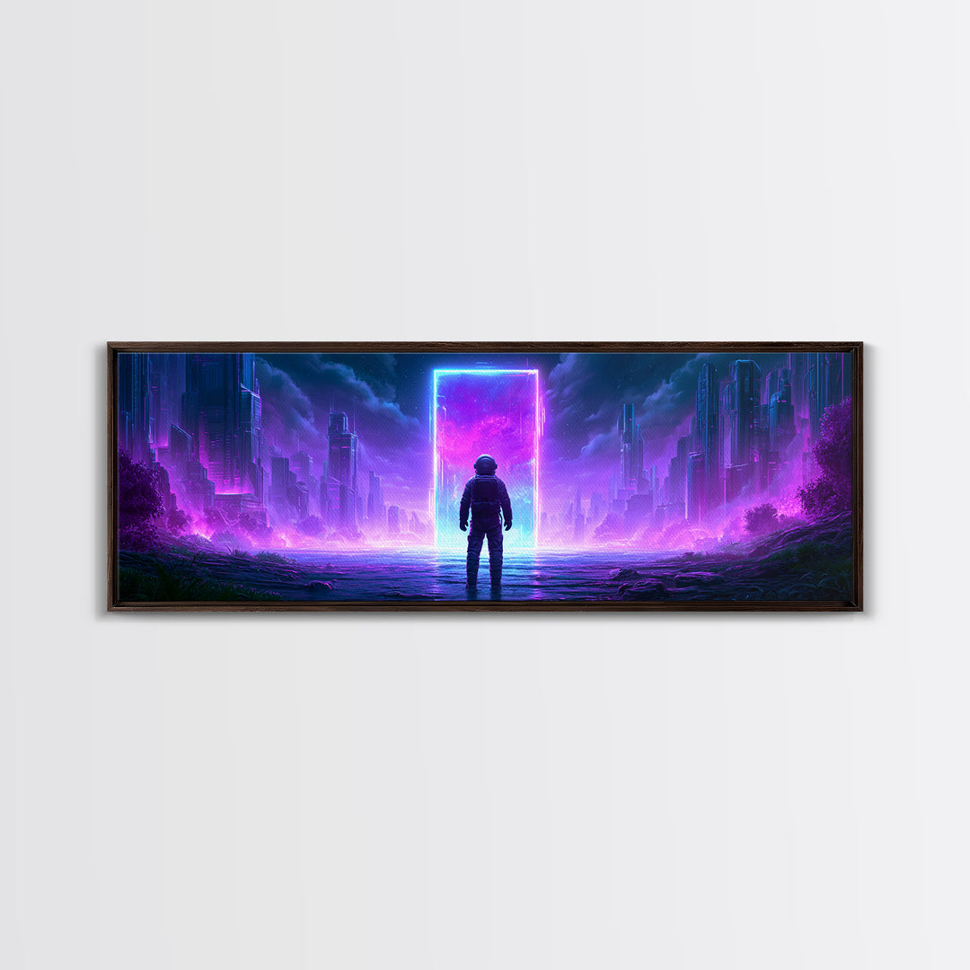 Astronaut Standing Before a Glowing Monolith Framed Canvas Print, Scifi Art, Space Art, Living Room Decor, Fine Art, Orbit, SCI-3x1-90