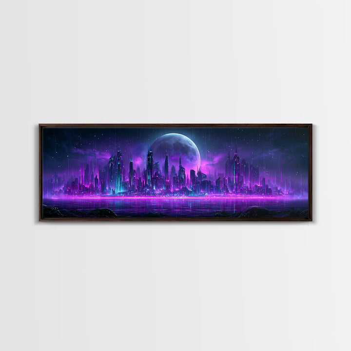 Futuristic City on a Moonlit World Canvas Print, Scifi Art, Posters, Living Room Decor, Orbit, Pop Art, Mid Century Art, SCI-3x1-91