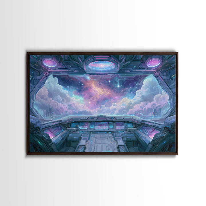 Starship Cockpit View of Nebula Clouds Framed Canvas Print, Scifi Art, Mid Century Art, Living Room Decor, Fine Art, Orbit, SCI-3x2-15