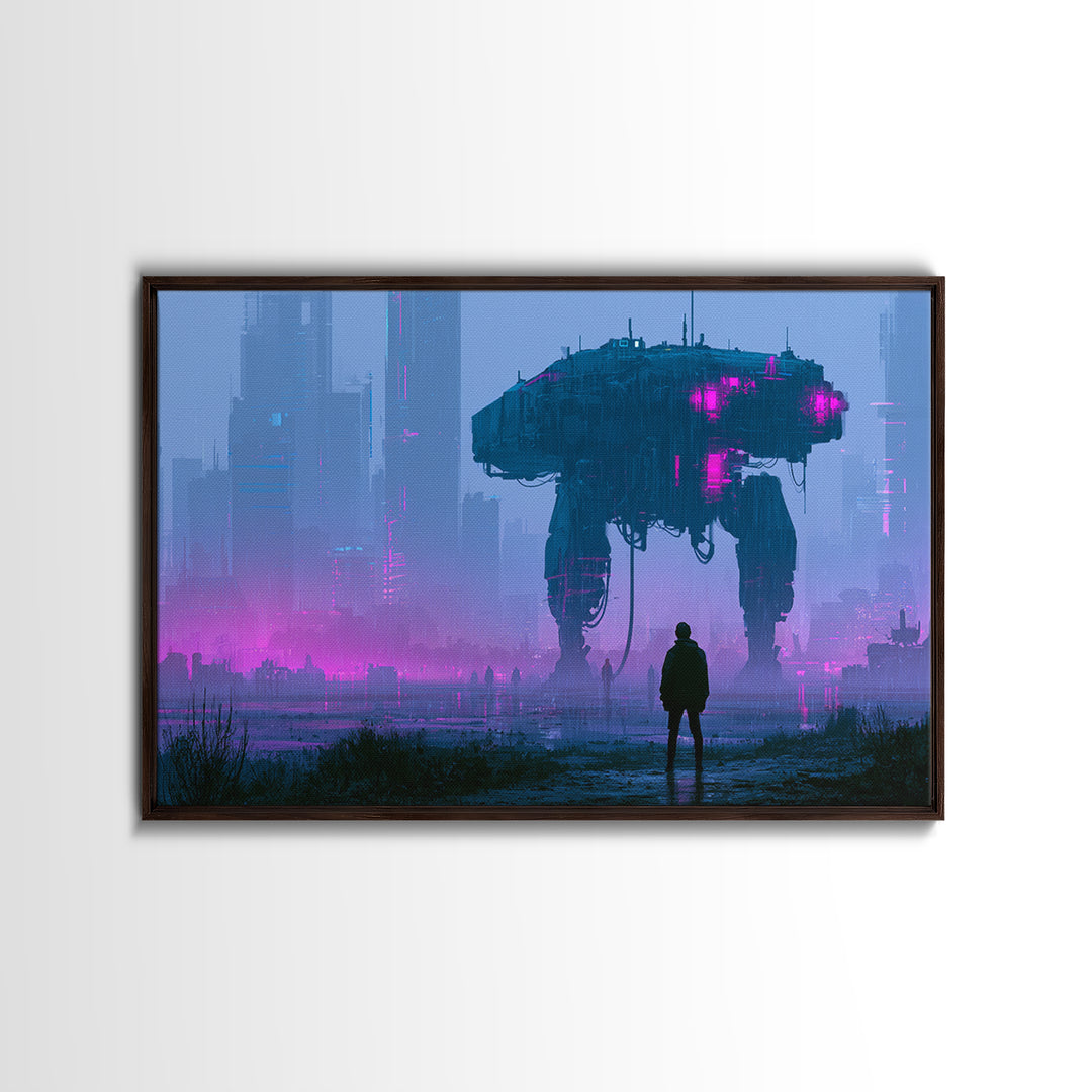 Mech Silhouette in Rainy Neon City Framed Canvas Print, Scifi Art, Statement Artwork, Living Room Decor, Fine Art, Orbit, SCI-3x2-19