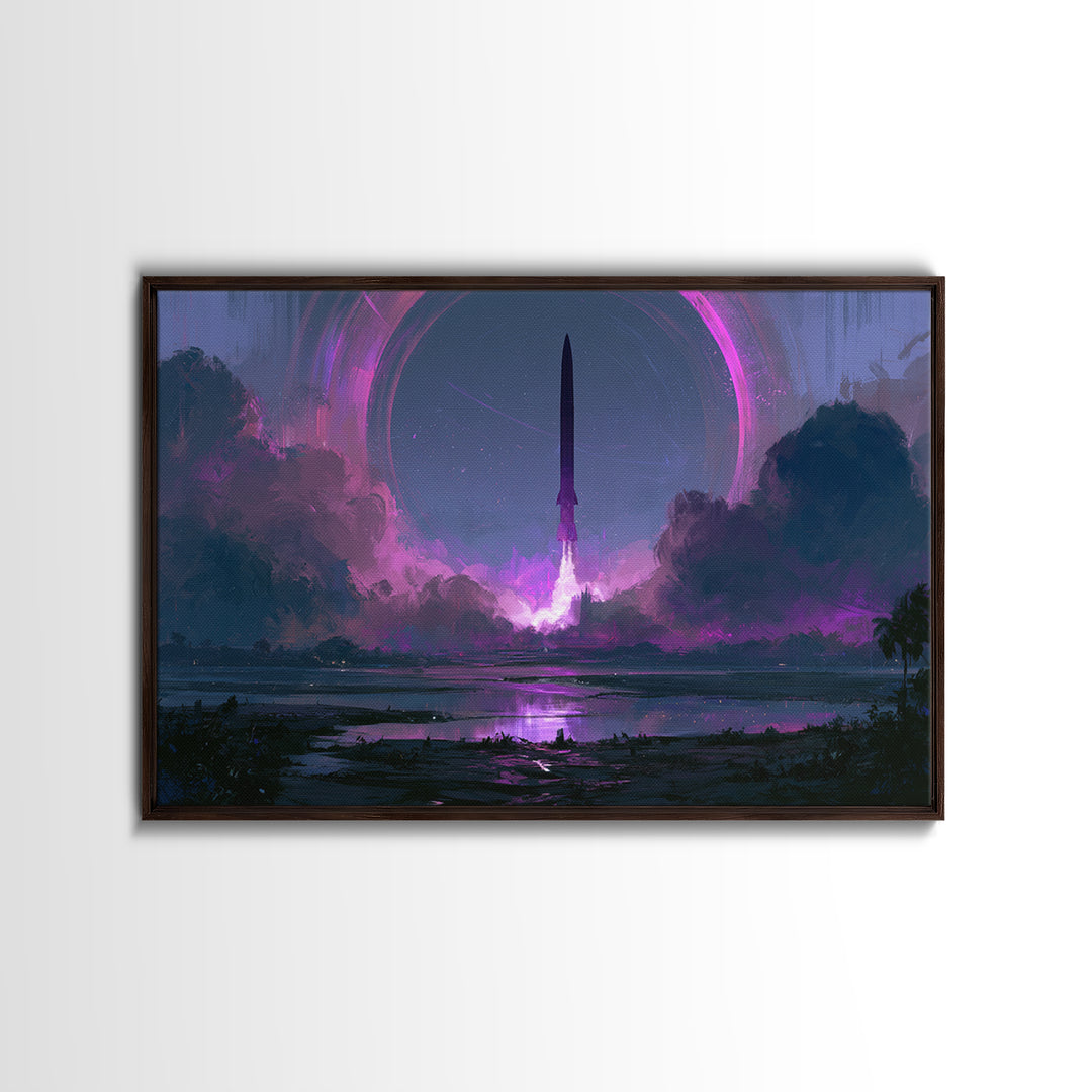 Retro Rocket Launching Through Cloud Rings Framed Canvas Print, Scifi Art, Art Print, Living Room Decor, Fine Art, Orbit, SCI-3x2-35