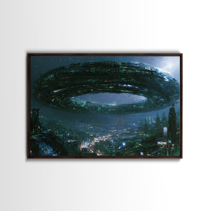 Giant Ring World Seen from a Valley Framed Canvas Print, Scifi Art, Game Room Decor, Living Room Decor, Fine Art, Orbit, SCI-3x2-36