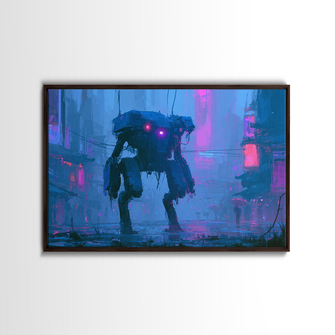 Mech Silhouette in Rainy Neon City Canvas Print, Scifi Art, Textured Painting, Living Room Decor, Abstract Art, Orbit, SCI-3x2-43