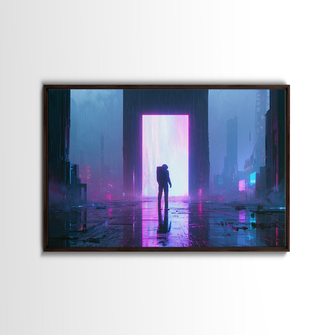 Astronaut Standing Before a Glowing Monolith Framed Canvas Print, Scifi Art, Modern Art, Living Room Decor, Fine Art, Orbit, SCI-3x2-6