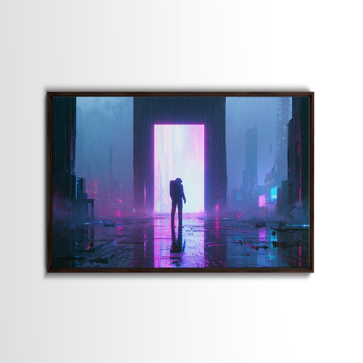 Astronaut Standing Before a Glowing Monolith Framed Canvas Print, Scifi Art, Modern Art, Living Room Decor, Fine Art, Orbit, SCI-3x2-6