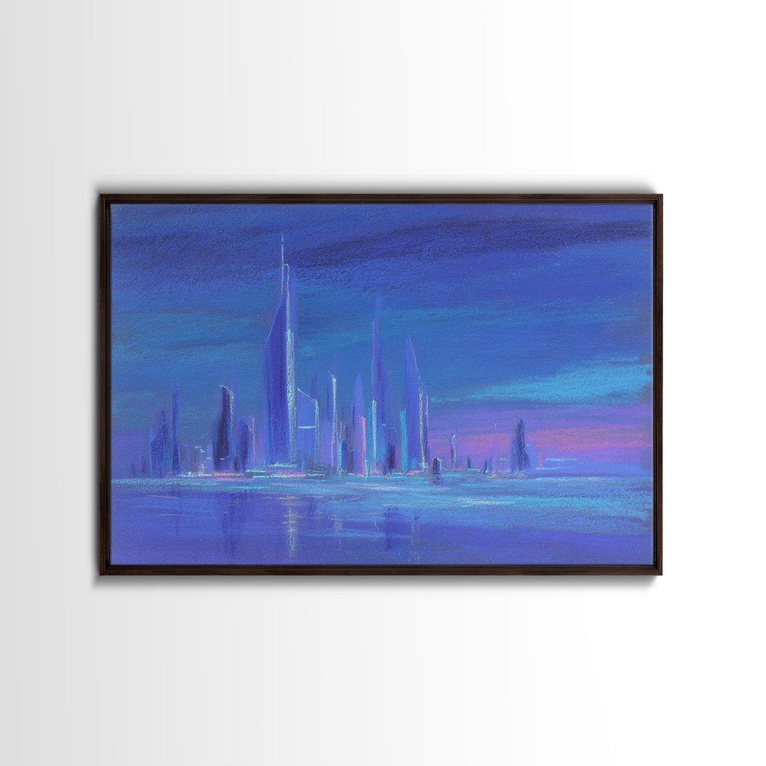 Mech Silhouette in Rainy Neon City Framed Canvas Print, Scifi Art, Retro Wall Art, Living Room Decor, Oil Painting, Orbit, SCI-3x2-91