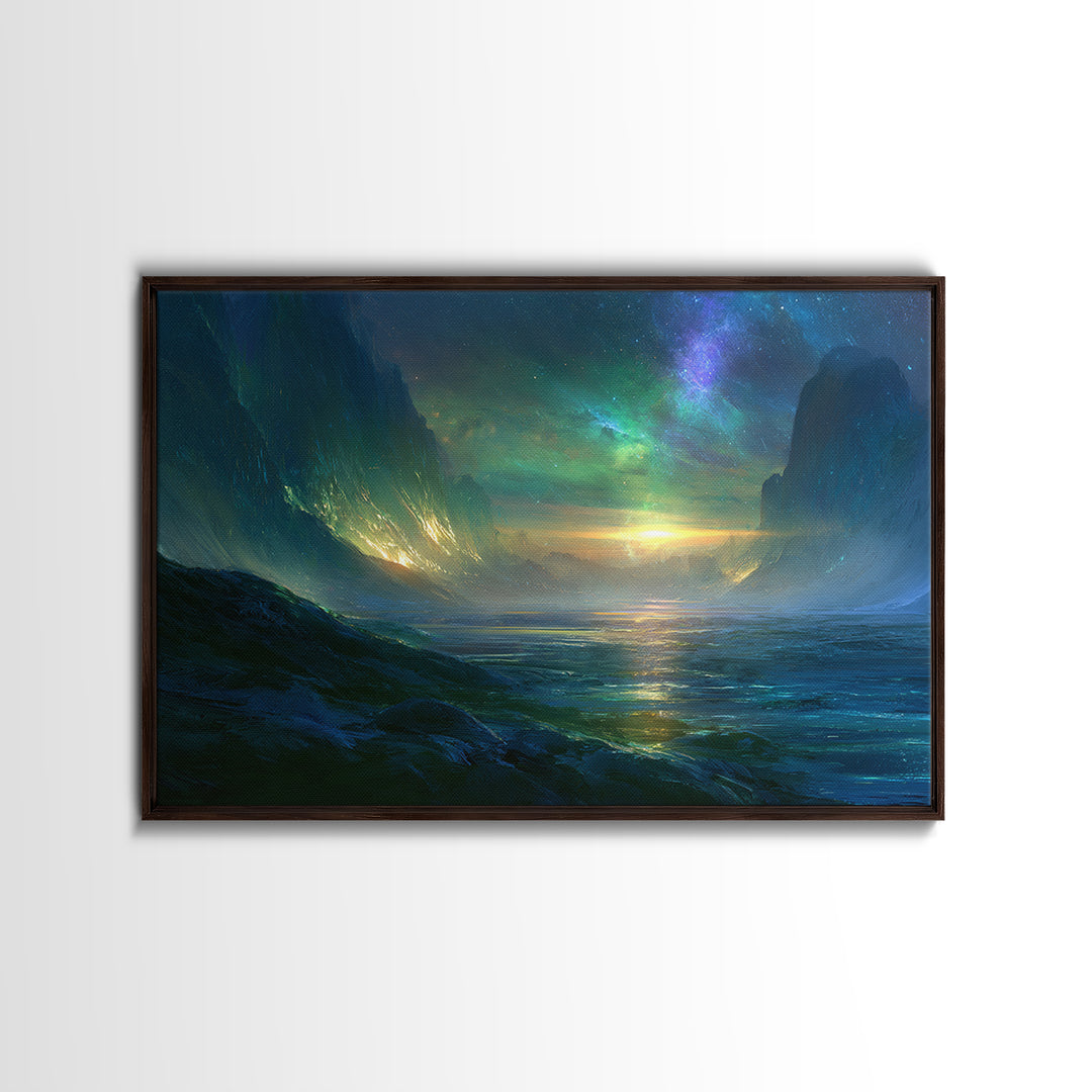 Planetary Sunrise over Ice Cliffs Canvas Print, Scifi Art, Fantasy Art, Living Room Decor, Fine Art, Orbit, Textured Painting, SCI-3x2-98