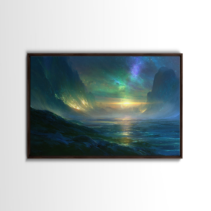 Planetary Sunrise over Ice Cliffs Canvas Print, Scifi Art, Fantasy Art, Living Room Decor, Fine Art, Orbit, Textured Painting, SCI-3x2-98