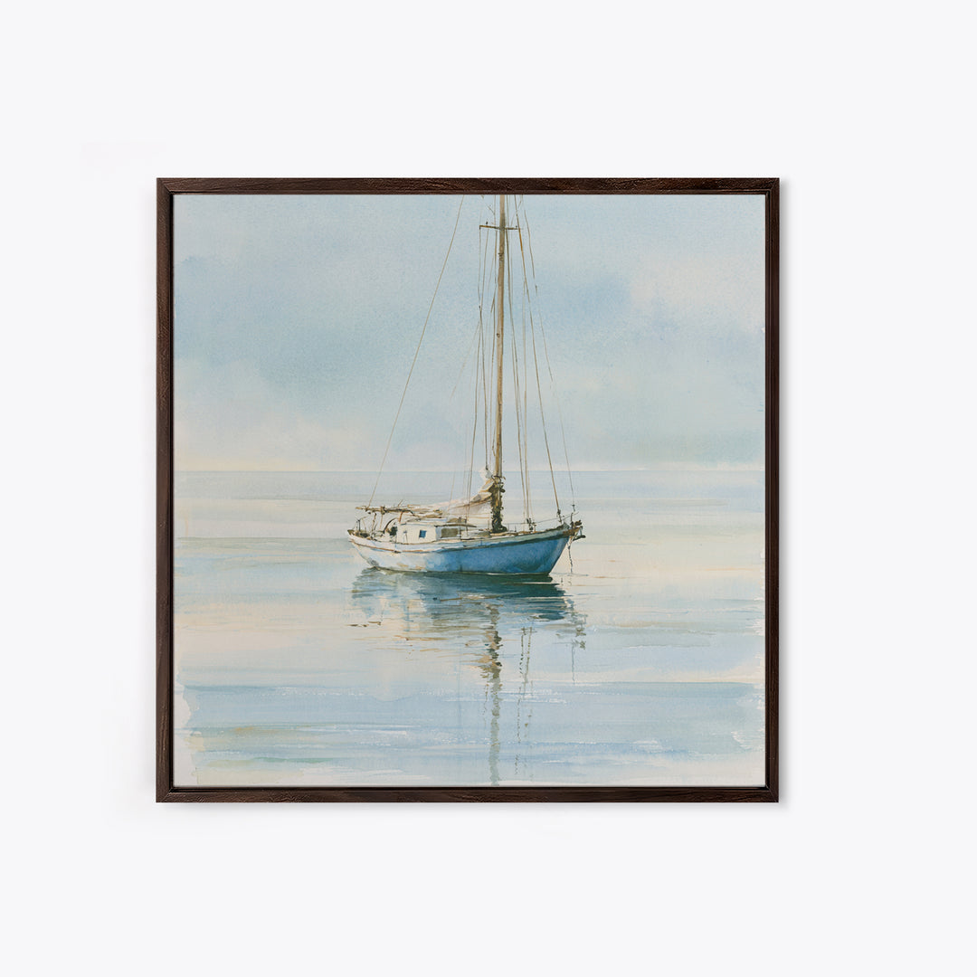 Quiet Sailboat on Glassy Water Framed Canvas Print, Seascape Art, Gallery Decor, Coastal Decor, Fine Art, Seascape, SEA-1x1-32