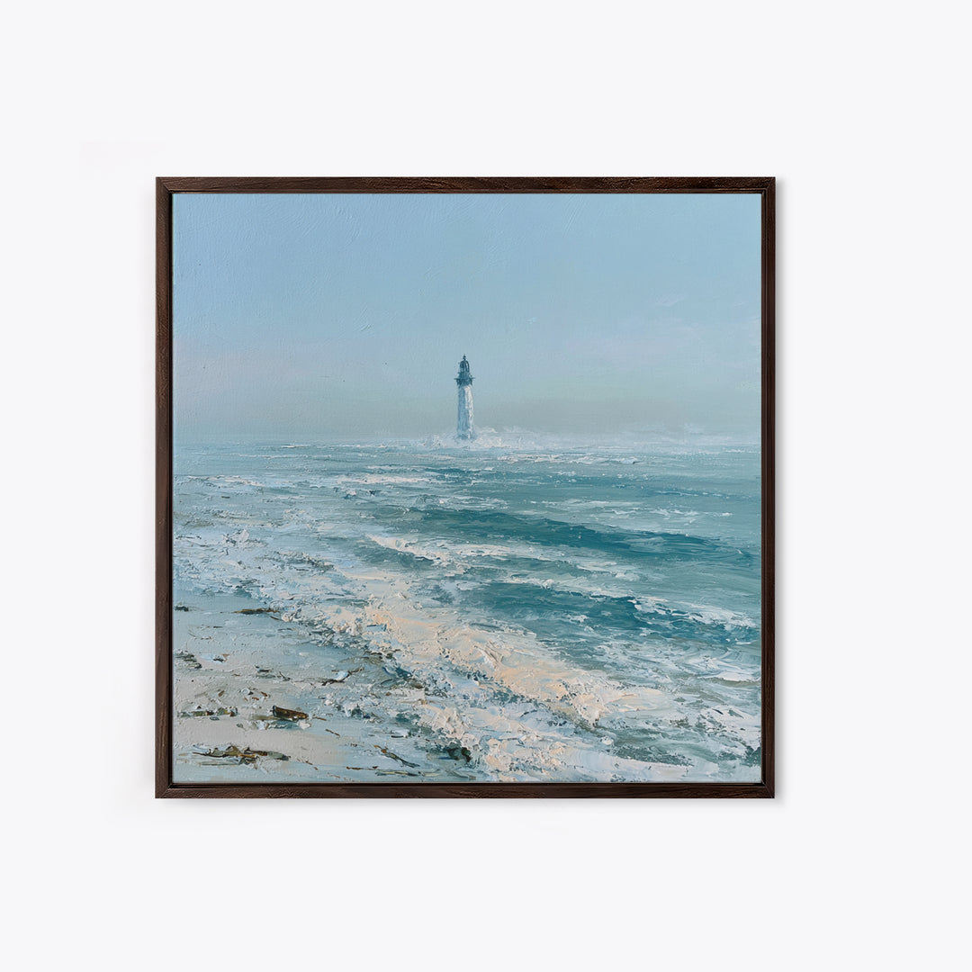 Dramatic Lighthouse in Distant Spray Framed Canvas Print, Seascape Art, Gallery Decor, Coastal Decor, Fine Art, Seascape, SEA-1x1-78