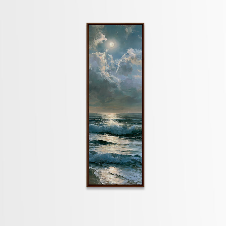Moonlit Ocean with Silver Path of Light Framed Canvas Print, Seascape Art, Home Decor, Coastal Decor, Fine Art, Seascape, SEA-1x3-15