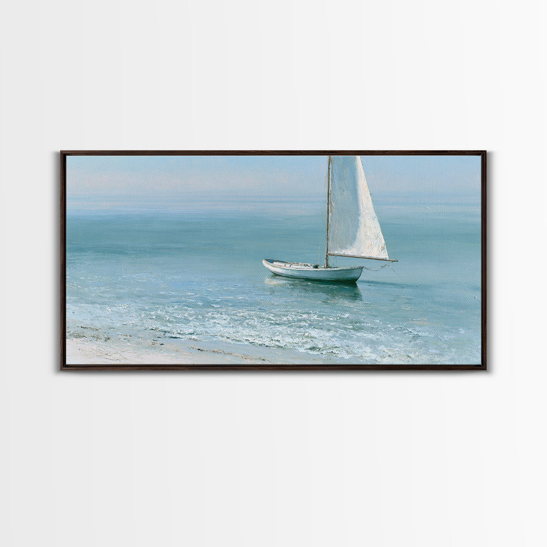 Quiet Sailboat on Glassy Water Framed Canvas Print, Seascape Art, Watercolor Painting, Coastal Decor, Fine Art, Seascape, SEA-2x1-100