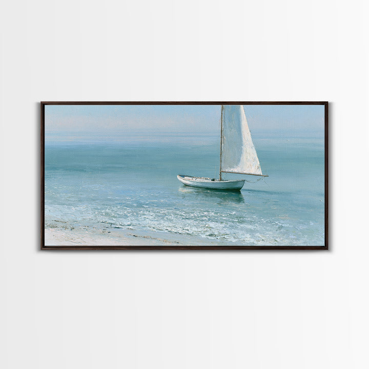 Quiet Sailboat on Glassy Water Framed Canvas Print, Seascape Art, Watercolor Painting, Coastal Decor, Fine Art, Seascape, SEA-2x1-100