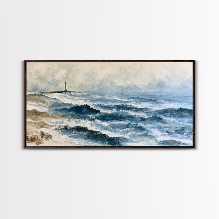 Dramatic Lighthouse in Distant Spray Canvas Print, Seascape Art, Boho Decor, Coastal Decor, Abstract Art, Seascape, SEA-2x1-26