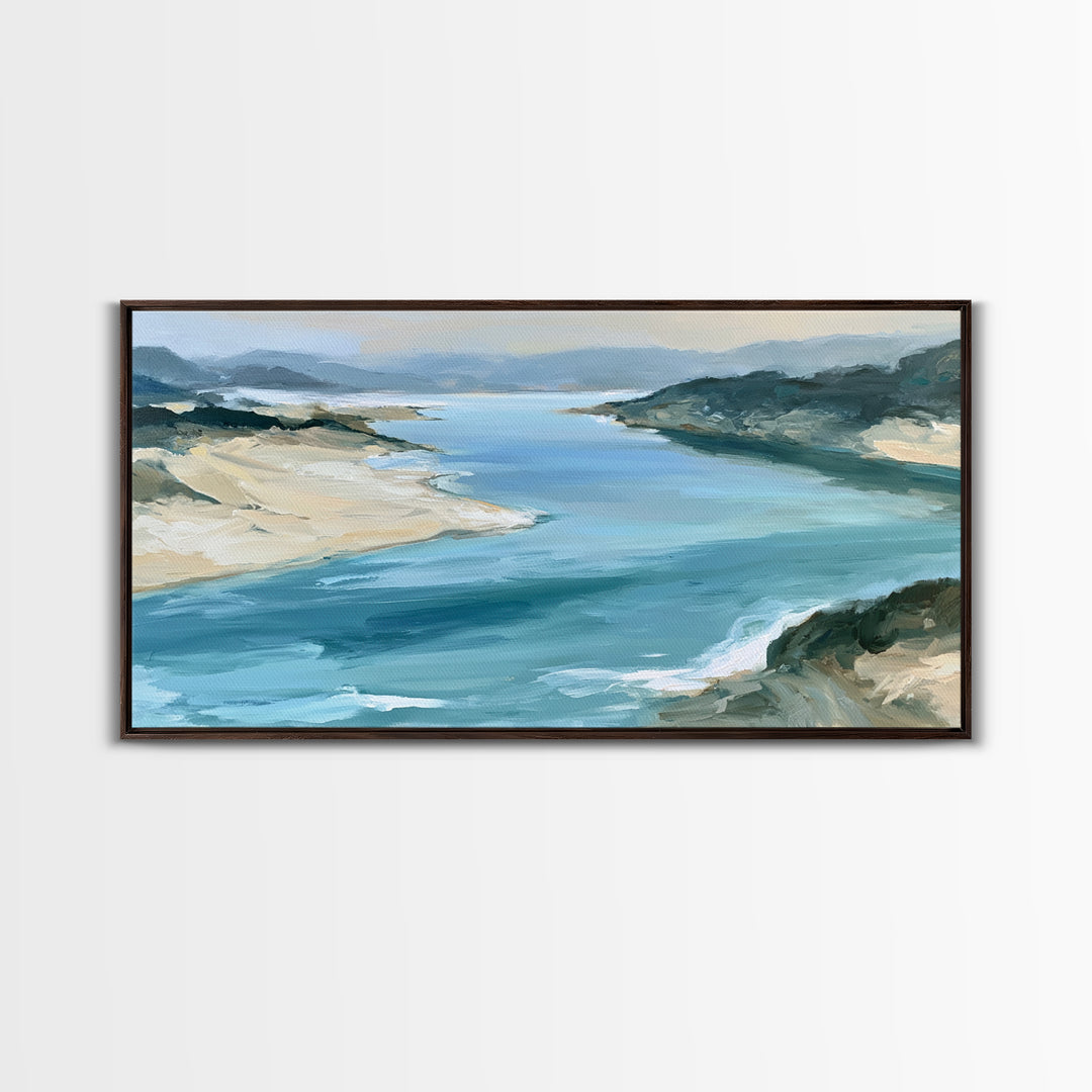 Coastal Cove with Turquoise Water Framed Canvas Print, Seascape Art, Wall Art Print, Coastal Decor, Watercolor Art, Seascape, SEA-2x1-59