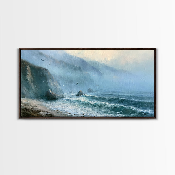 Misty Sea Cliffs Framed Canvas Print, Seascape Art, Abstract Art, Coastal Decor, Seascape, Nautical Decor, Coastal Wall Art, SEA-2x1-97