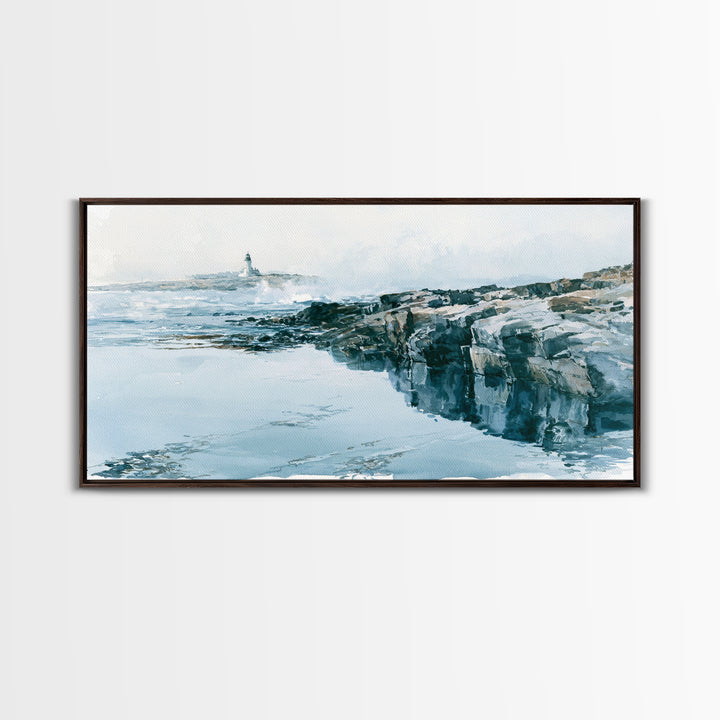 Dramatic Lighthouse in Distant Spray Canvas Print, Seascape Art, Coastal Decor, Watercolor Art, Seascape, Printable Art, SEA-2x1-98