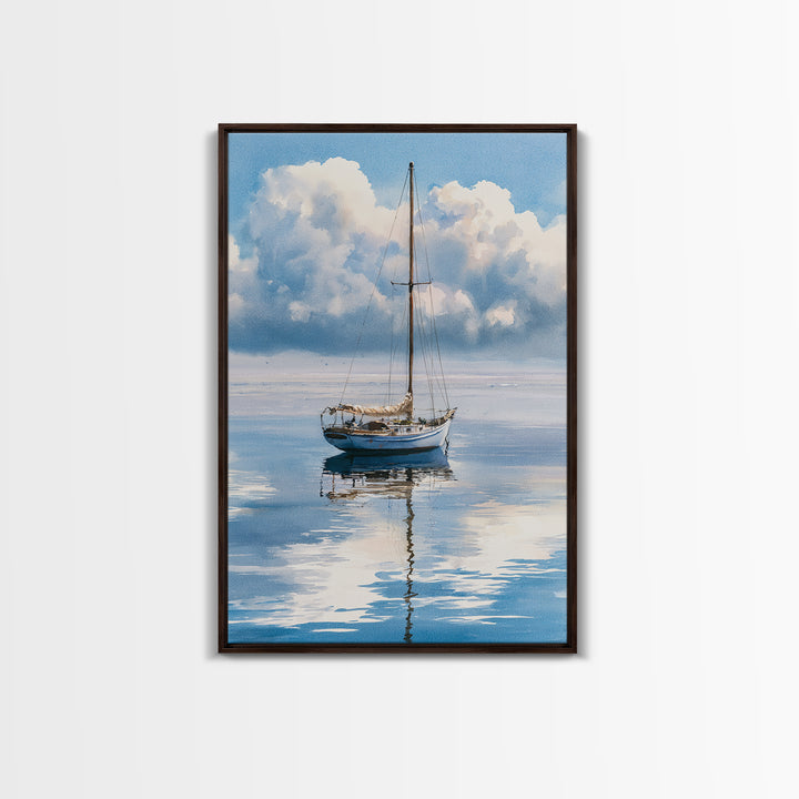 Quiet Sailboat on Glassy Water Framed Canvas Print, Seascape Art, Room Decor, Coastal Decor, Seascape, Digital Wall Art, SEA-2x3-64