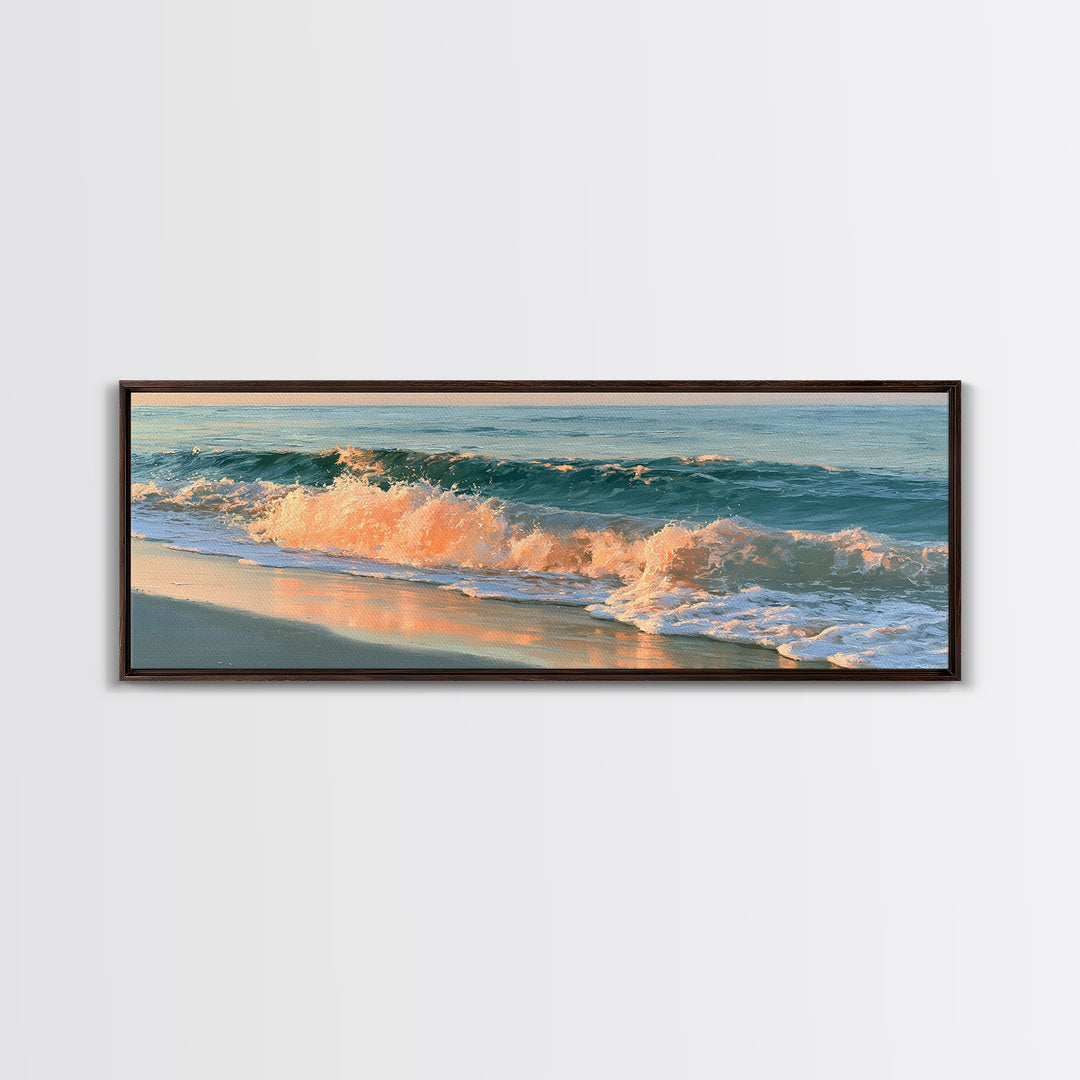 Sunset Surf Glowing Orange and Pink Framed Canvas Print, Seascape Art, Wall Decor, Coastal Decor, Fine Art, Seascape, SEA-3x1-44