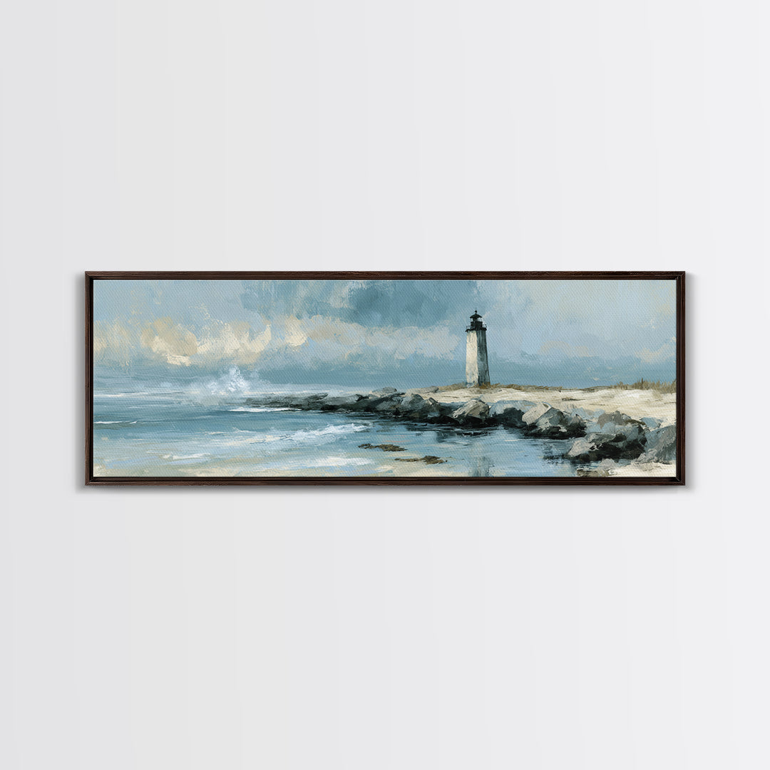 Dramatic Lighthouse in Distant Spray Canvas Print, Seascape Art, Digital Print, Coastal Decor, Seascape, Watercolor Art, SEA-3x1-46