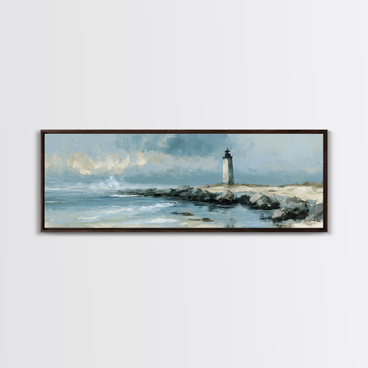 Dramatic Lighthouse in Distant Spray Canvas Print, Seascape Art, Digital Print, Coastal Decor, Seascape, Watercolor Art, SEA-3x1-46