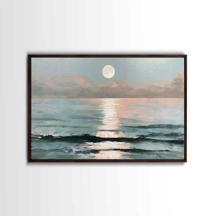 Moonlit Ocean with Silver Path of Light Framed Canvas Print, Seascape Art, Bedroom Wall Art, Coastal Decor, Watercolor Art, SEA-3x2-31