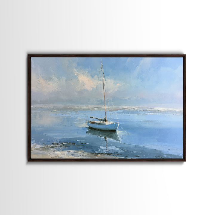 Quiet Sailboat on Glassy Water Framed Canvas Print, Seascape Art, Beach Decor, Coastal Decor, Seascape, Minimalist Decor, SEA-3x2-60