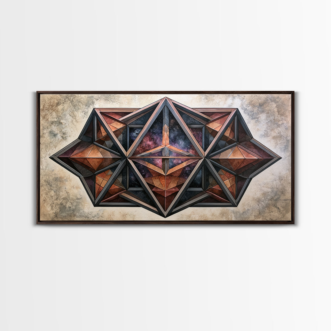 Star Tetrahedron with Watercolor Galaxy Wash Canvas Print, Sacred Geometry Art, Wabi Sabi Art, Living Room Decor, Geometry, SGA-2x1-100