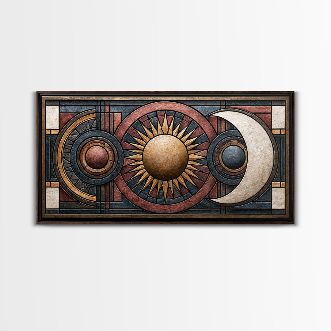 Geometric Sun and Moon Balance Design Framed Canvas Print, Sacred Geometry Art, Wall Hanging, Living Room Decor, Geometry, SGA-2x1-72