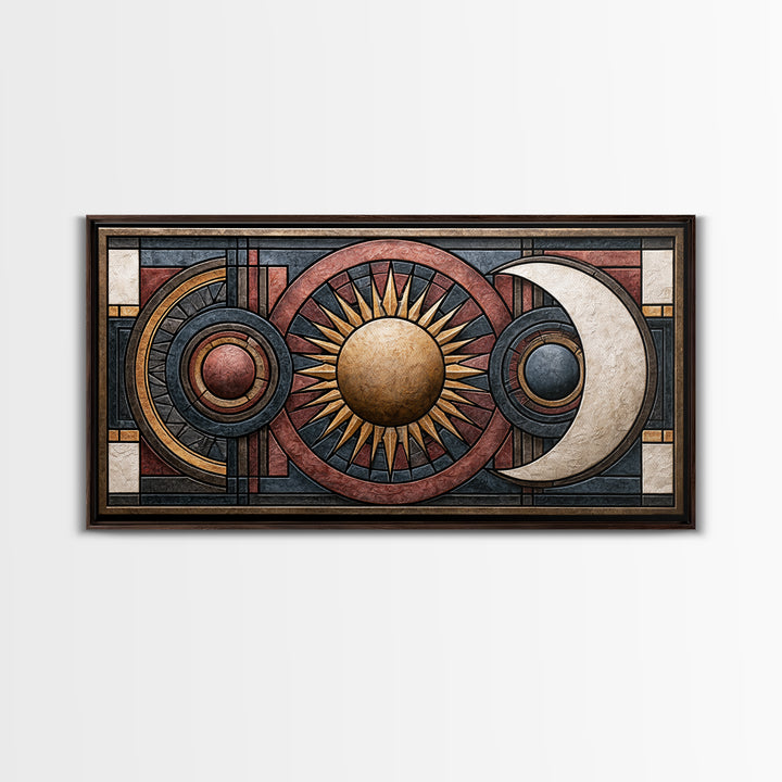 Geometric Sun and Moon Balance Design Framed Canvas Print, Sacred Geometry Art, Wall Hanging, Living Room Decor, Geometry, SGA-2x1-72
