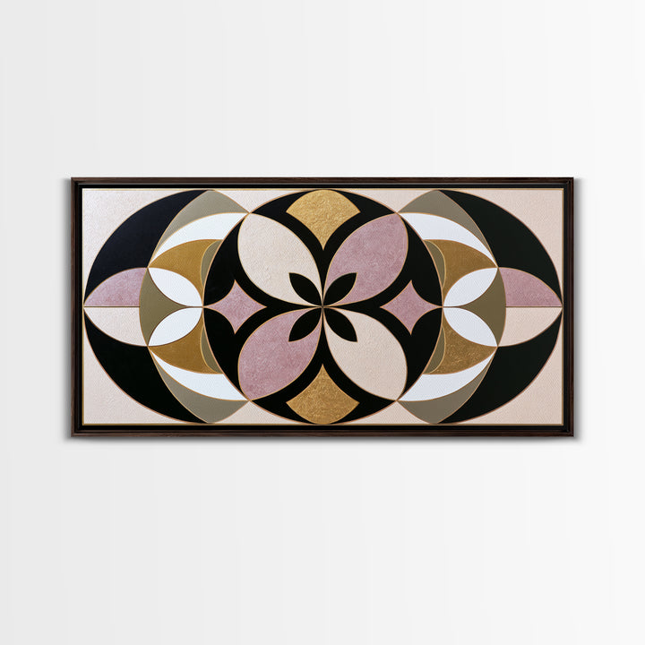 Black and Gold Geometric Rosette Framed Canvas Print, Sacred Geometry Art, Midcentury Modern, Living Room Decor, Geometry, SGA-2x1-80